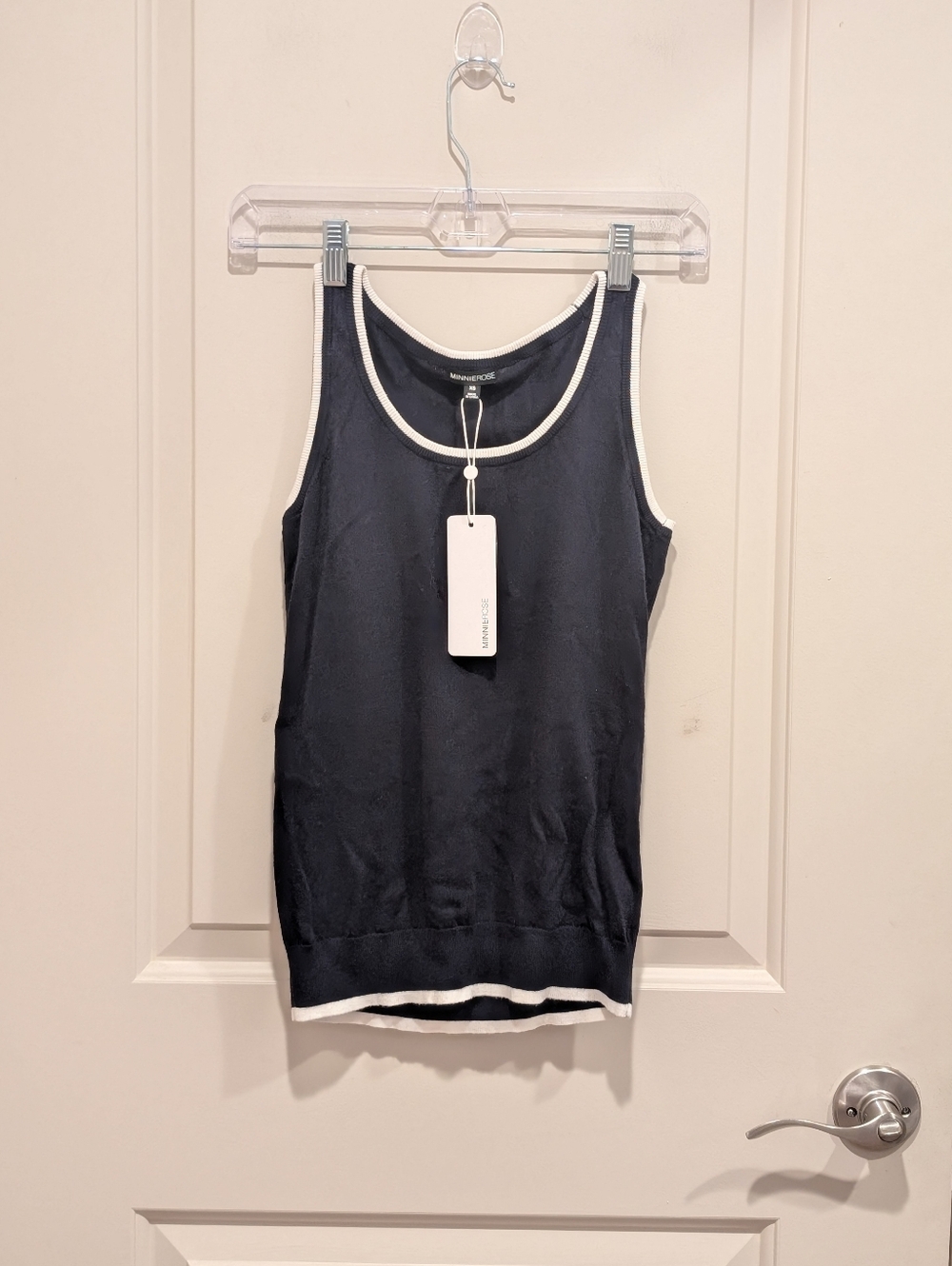 Minnie Rose Navy Knit Tank with White Trim Cotton / Cashmere XS